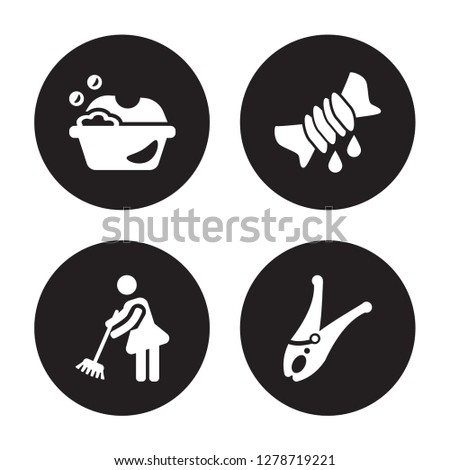 4 vector icon set : Washing clothes, Sweeping, Squeeze, Clothes peg isolated on black background