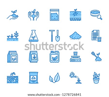 Soil testing flat line icons set. Agriculture, planting vector illustrations, hands holding ground with spring, plant fertilizer. Thin signs for agrology survey. Pixel perfect 64x64. Editable Strokes. Royalty-Free Stock Photo #1278726841