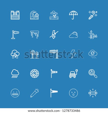 Editable 25 storm icons for web and mobile. Set of storm included icons line Flash, Shocked, Windsock, Blower, Disaster, Electric, Rain, Wind sign, Wind, Storm on blue background