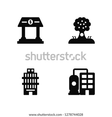 Vector Illustration Of 4 Icons. Editable Pack Bank, Building, Trees, undefined.