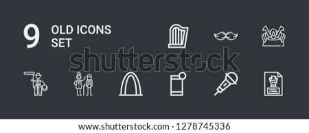 Editable 9 old icons for web and mobile. Set of old included icons line Vase, Microphone, Smartphone, Gateway arch, Old man, Lasso, Shogun, Moustache, Harp on dark background