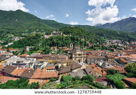 Panorama of Bellinzona from the castle Castelgrande, Bellinzona, Switzerland. The Castle of Montebello is in the middle, and the Sasso Corbaro castle is at the back of the photo.   