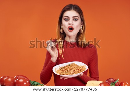    italian pasta food surprised woman holding a plate                            