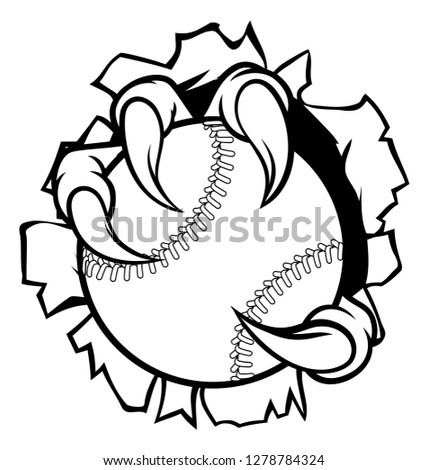 Eagle, bird or monster claw or talons holding a baseball ball and tearing through the background. Sports graphic.