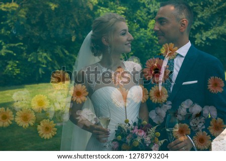 Beautiful wedding couple posing in garden. Double exposure photography