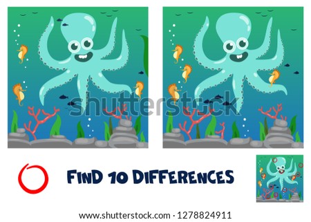 Funny octopus underwater in the ocean with marine inhabitants. Find 10 differences. Educational game for children. Cartoon vector illustration EPS 10.