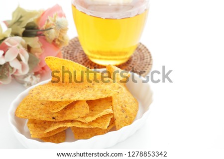Snack food, Taco on white bowl with iced tea