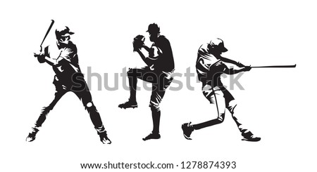 Set of baseball players vector silhouettes. Group of baseballer, isolated ink drawings Royalty-Free Stock Photo #1278874393