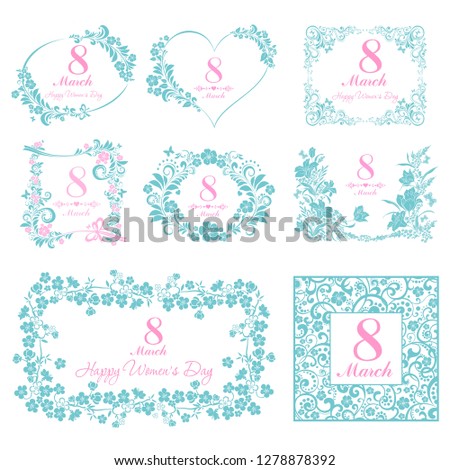 8 March. International women's day. Set Retro Tag. Collection design elements isolated on White background. Set of badges labels. Template, badges, icons and design elements with lettering. Vector