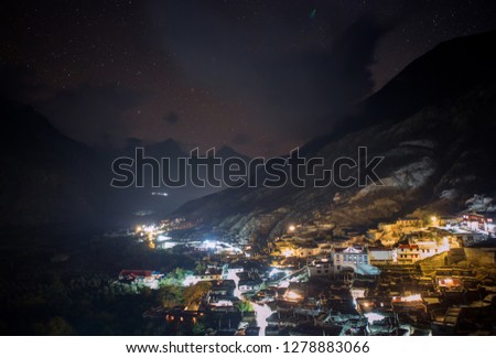 Beautiful landscape of Nepal. Night view of the old buddhist village of Marpha.
