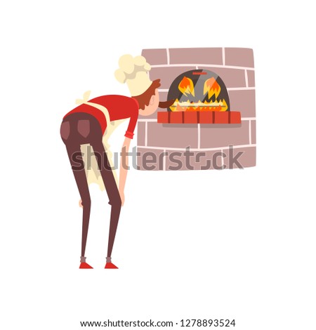 Chef coolking pizza in the furnace, pizza maker character, stage of preparing Italian pizza vector Illustration
