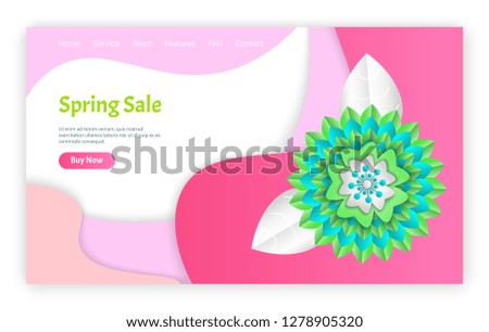 Spring sale special discounts from shops web page vector. Origami flower, floral decoration made of paper, flora with leaves and petals, promotion