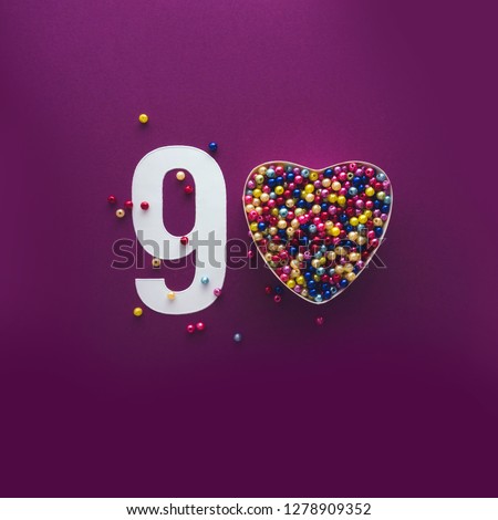 90 number ninety, creative typography with colourful balls on violet background, happy birthday, anniversary, happy Valentines day, walentynki, chapter presentation
