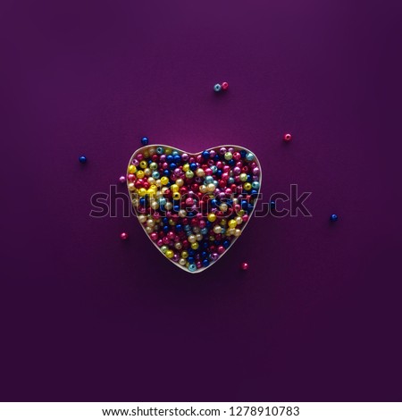 Heart with colourful balls on violet background, happy birthday, gift and love, happy Valentines day, walentynki