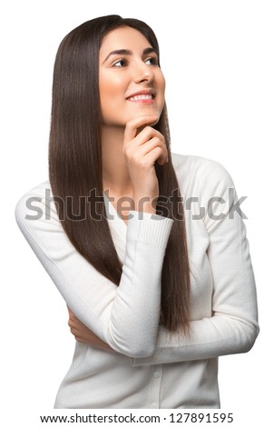 Beautiful business woman smiling looking up at copy space