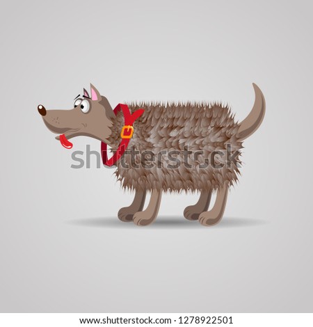 cute funny cartoon fluffy dog in a red collar