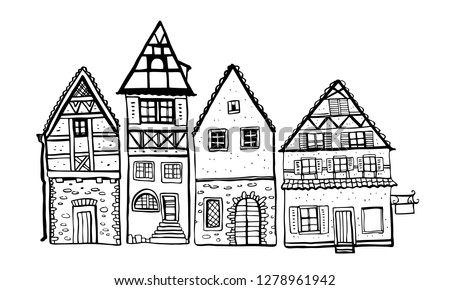 Vintage stone Europe houses. Four old style building facades. Hand drawn outline vector sketch illustration black on white background