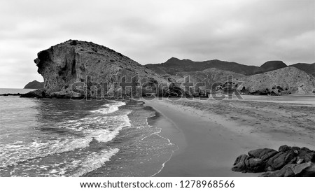 Tribute to Ansel Adams, black and white artistic photographs,The petrified wave, beach of Mónsul, Natural Park, Cabo de Gata, spain, indiana Jones movie stage and the last crusade, tongues of lava, Royalty-Free Stock Photo #1278968566