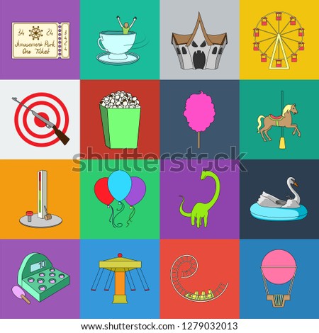 Amusement park cartoon icons in set collection for design. Equipment and attractions vector symbol stock web illustration.