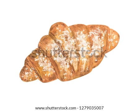 Croissant dusted with icing sugar. Hand drawn watercolor illustration. Isolated on white background.