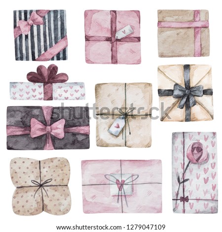 Lovely watercolor set of different gift boxes