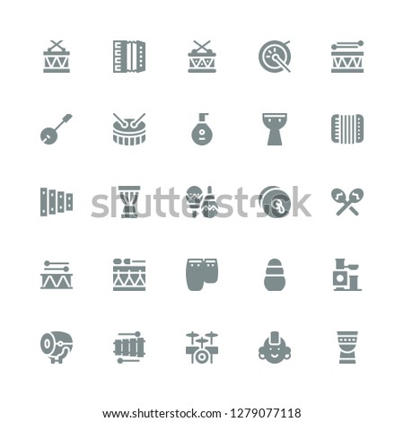 drum icon set. Collection of 25 filled drum icons included Timpani, Punk, Drum set, Xylophone, Drum, Toy, Conga, Maracas, Cymbals, Djembe, Accordion, Kettledrum, Lute, Banjo, Drums