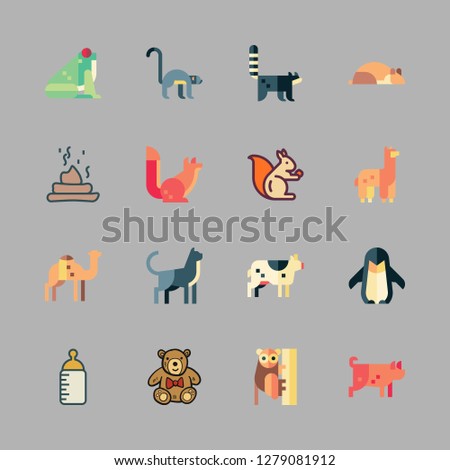 funny icon set. vector set about teddy bear, alpaca, camel and animals icons set.