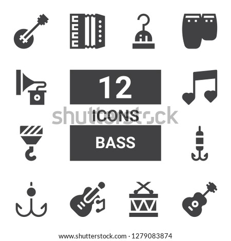 bass icon set. Collection of 12 filled bass icons included Guitar, Drums, Hook, Music, Accordion, Conga, Gramophone, Banjo