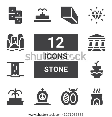 stone icon set. Collection of 12 filled stone icons included Incense, Brooch, Tombstone, Fountain, Waterfall, Parthenon, Diamond, Domino, Minerals
