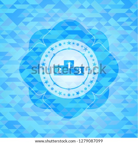 podium icon inside sky blue emblem with triangle mosaic background