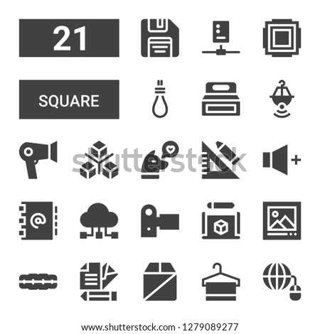 square icon set. Collection of 21 filled square icons included Grid, Towel, Box, Letter, Brackets, Picture, Cube, Camcorder, Data sharing, Address book, Volume, Set square, Dog