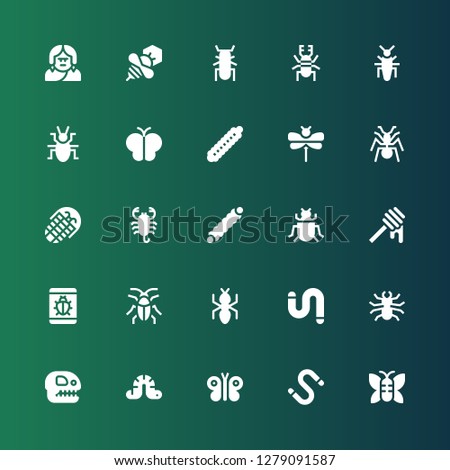 insect icon set. Collection of 25 filled insect icons included Butterfly, Worm, Fossil, Beetle, Ant, Cockroach, Bug, Honey, Insect, Caterpillar, Scorpion, Dragonfly, Bee, Troglodyte
