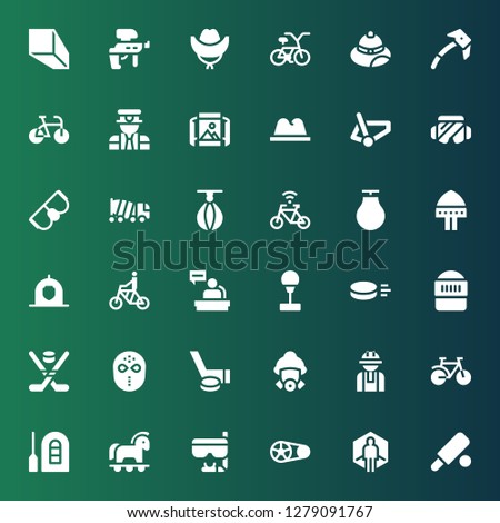 helmet icon set. Collection of 36 filled helmet icons included Cricket, Virtual reality, Crankset, Goggles, Trojan, Raft, Bike, Worker, Firefighter, Hockey, Hockey mask, Warrior
