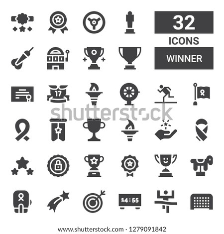 winner icon set. Collection of 32 filled winner icons included Goal, Winner, Scoreboard, Target, Shooting star, Boxing, Horse, Trophy, Medal, Certification, Award, Ribbon, Fame
