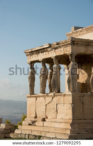 Greece, Athens, Acropolis. Erectheum, Porch of the Caryatids. Detail of carved maiden columns. .