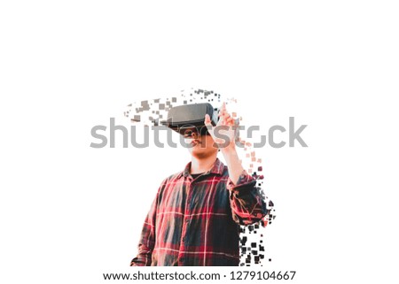 Asian man in tartan shirt wearing glasses of glasses of virtual reality dissolving into pixels isolated white background Future technology Concept