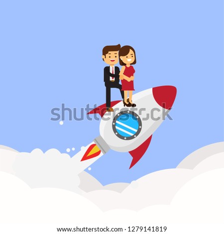 Valentines day card. Abstract background with couple in love flying on rocket
