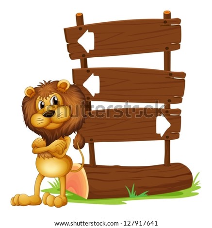 Illustration of an angry lion beside a signboard on a white background