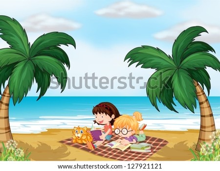 Illustration of girls reading near the beach with a cat