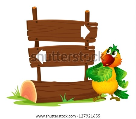 Illustration of a sign board and a bird on a white background