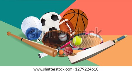 Sports equipment with a football basketball baseball soccer tennis ball volleyball boxing gloves and badminton as a symbol of sports online on colorful background. vector and illustration.