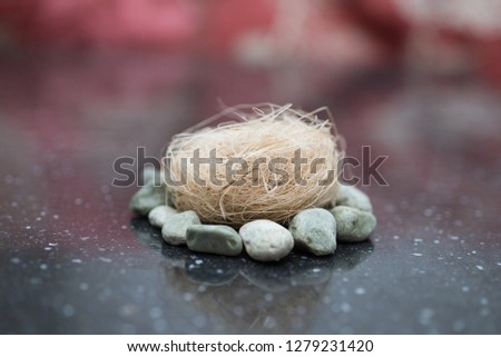 bunch of straw inside a circle of pebbles 