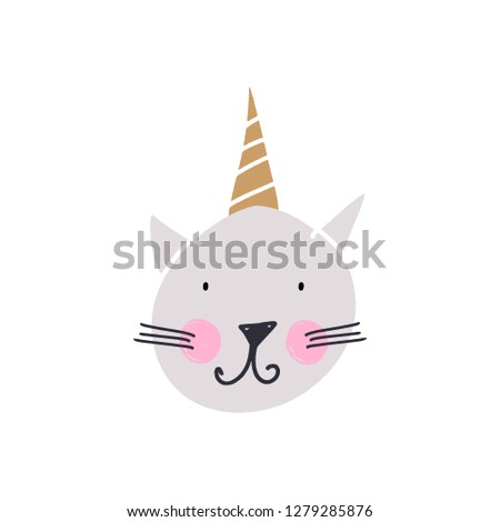 Cute cat unicorn face. Funny doodle animal. Little kitten in nursery cartoon style. Good for posters, cards, clothes and stationery