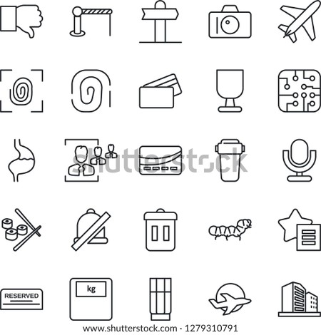 Thin Line Icon Set - plane vector, barrier, camera, caterpillar, scales, stomach, signpost, fragile, microphone, finger down, favorites list, mute, hr, reserved, drink, credit card, sushi, chip