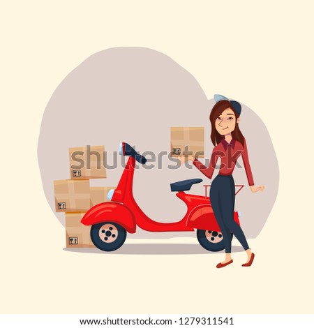 Delivery Girl with cardboard parcel box. Fast Delivery service by courier on the scooter. Vector cartoon character illustration. Delivery concept.