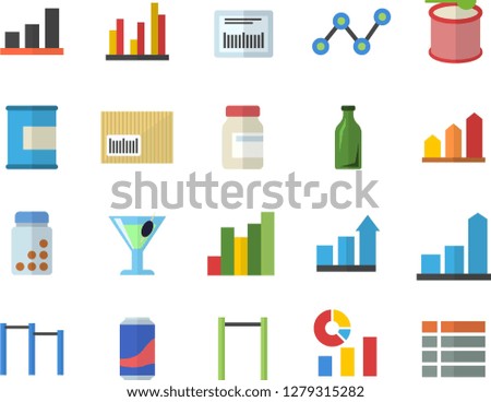 Color flat icon set lemonade flat vector, cocktail, glass bottles, chart, statistics, scatter, barcode, statistic, achievement, vitamins, parallel bars, proteins, steroids, menu