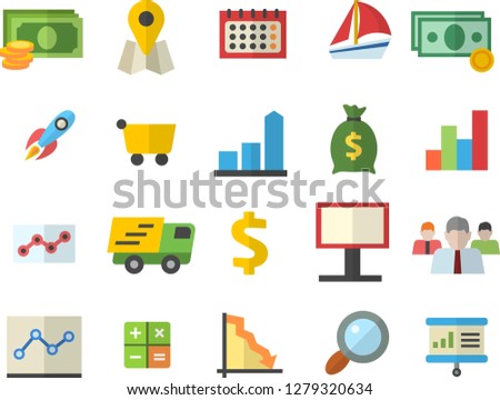 Color flat icon set grocery trolley flat vector, billboard, magnifier, location, rocket, crisis, chart, cash, dollar, team, wealth, calendar, trucking, calculator, sailboat, point diagram