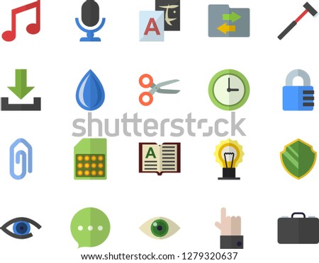Color flat icon set ax flat vector, SIM card, security fector, scissors, download, file sharing, translate, clip, microphone, clock, lock, chat, indicate, eye, lamp, book, note, drop, case