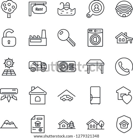 Thin Line Icon Set - house vector, with garage, tree, pool, sun panel, fruit, mountains, estate document, rent, client search, key, lock, table, washer, moving, sweet home, air conditioner, fridge