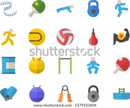 Color flat icon set weight flat vector, volleyball, centimeter, muscles, carpal expander, parallel bars, sports pear, tennis ball, fitball, boxing gloves, gymnastics, push up, run, proteins, table
